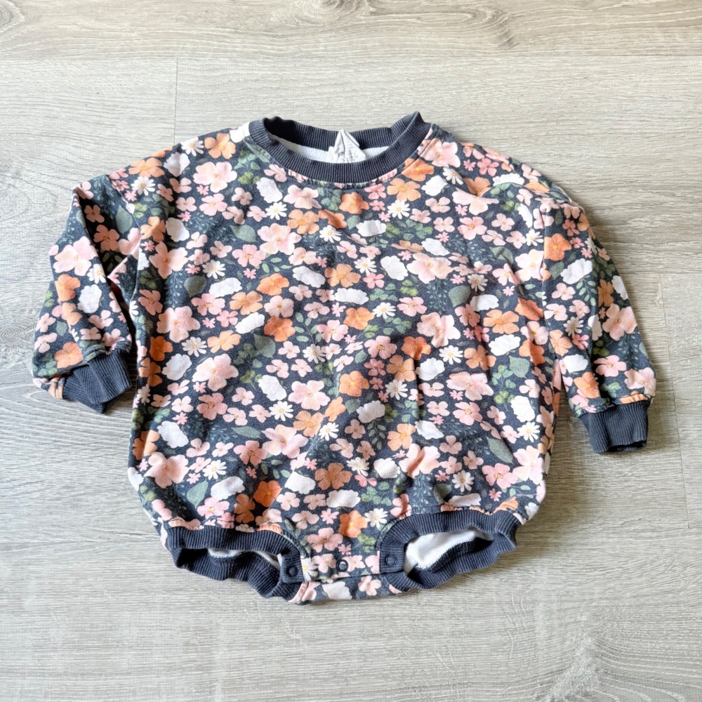 Addie Joy Company Floral Bubble Romper Sweatshirt Long Sleeve Gray Pink 18-24M